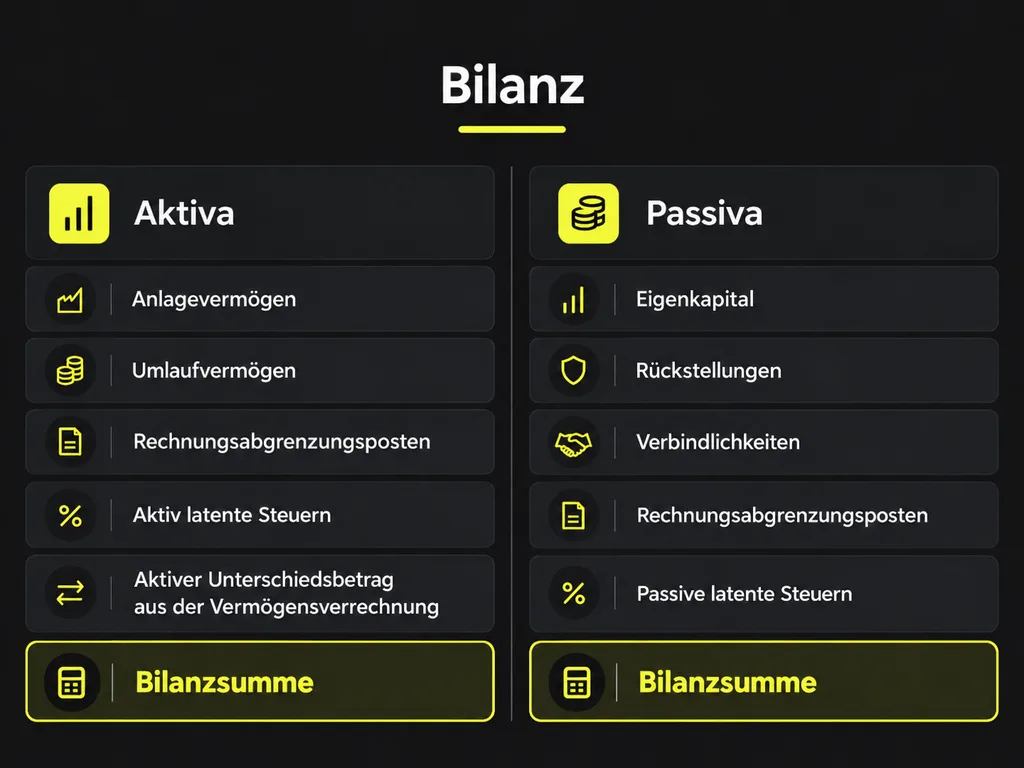 Schematischer Aufbau einer Bilanz mit Aktiva, Passiva und der Bilanzsumme auf beiden Seiten