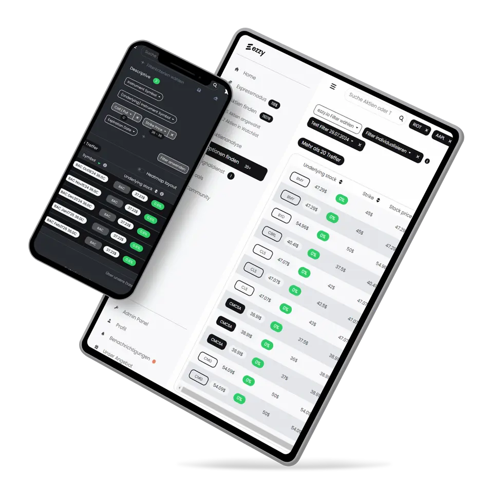 Screenshot der ezzy-Screener-Benutzeroberfläche auf Smartphone und Tablet.